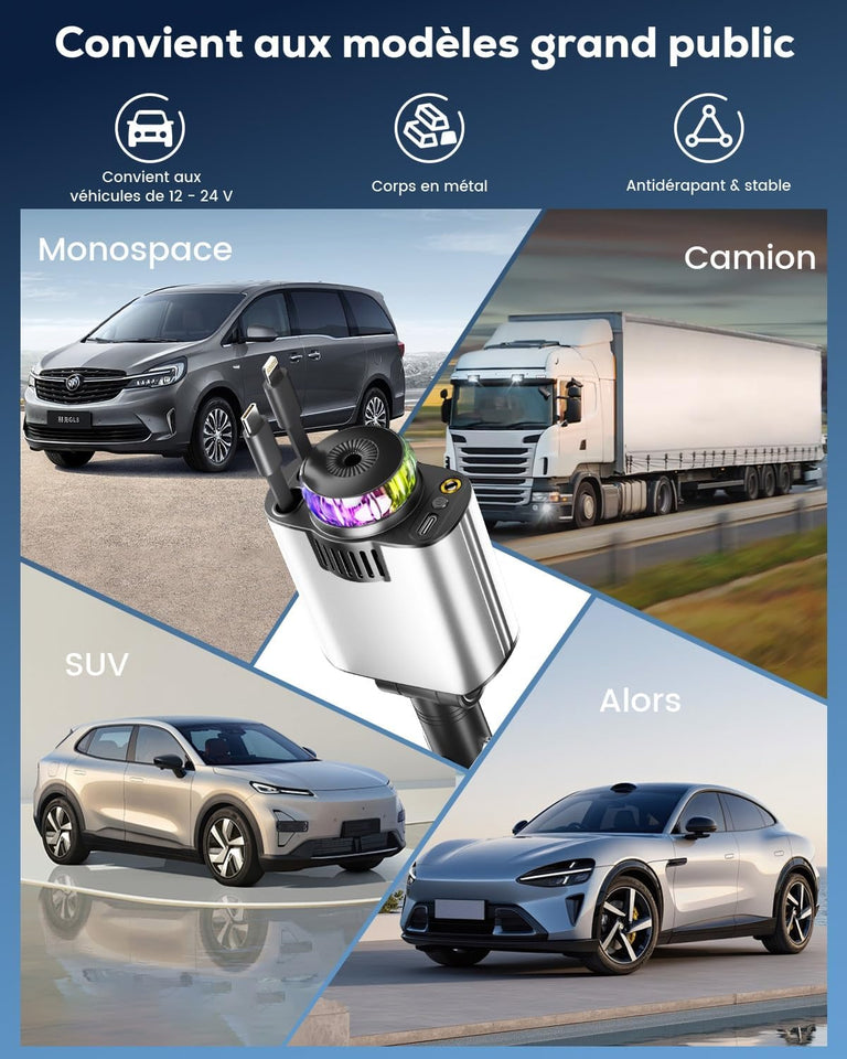 Chargeur de Voiture Rétractable 5 en 1 avec Diffuseur de parfum & Projecteur Ciel Etoilé