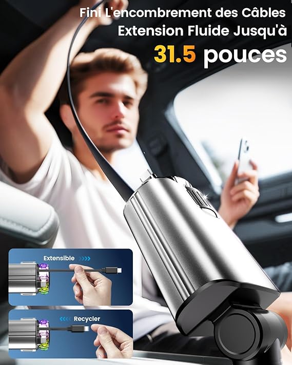 Chargeur de Voiture Rétractable 5 en 1 avec Diffuseur de parfum & Projecteur Ciel Etoilé